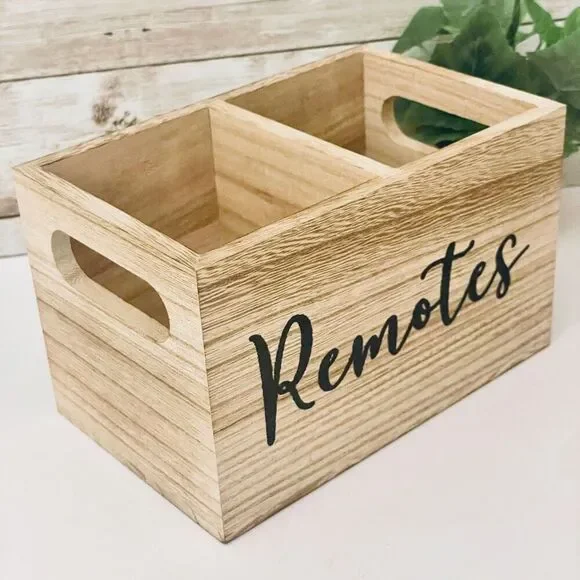 NWT Farmhouse Black Wood Remotes Graphic 2 Slots Minimalist Holder Organizer