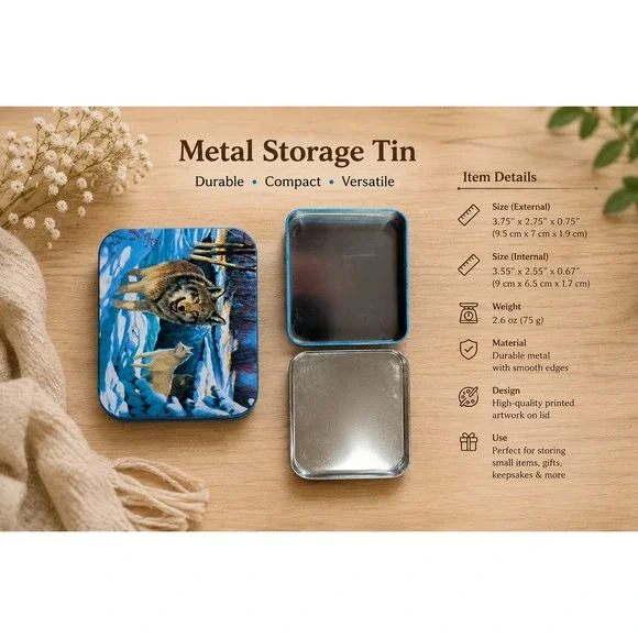 Wolf Pack Winter Snow Scene Metal Storage Tin Small Keepsake Box Blue White