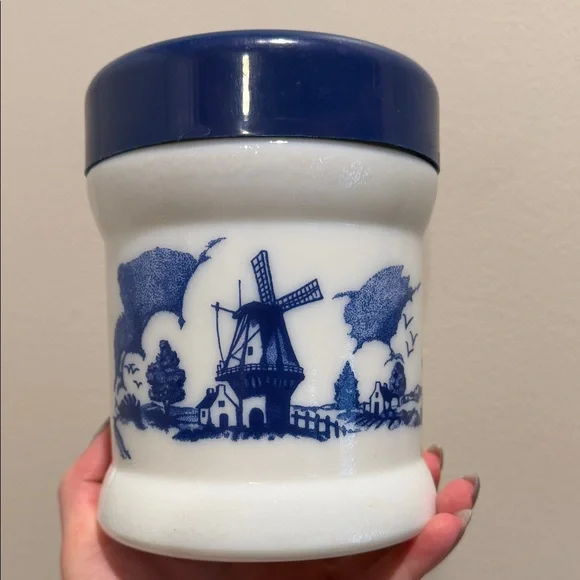 🫙 Vintage Holland Delft Blue Windmill Milk Glass Tobacco Humidor Canister