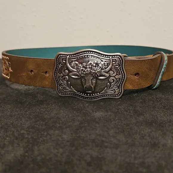 NWT Catchfly Studios Brown Leather GIRLS Belt Silver Removable Belt Buckle