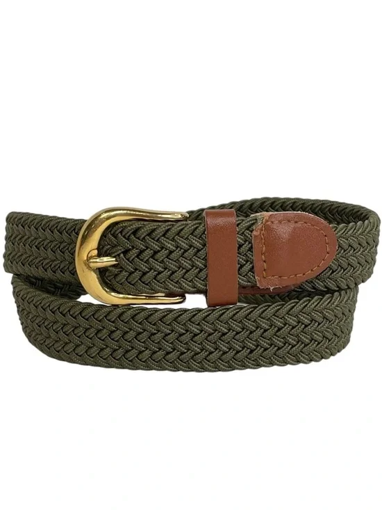 Army Green Stretchy Woven Youth Belt Brown Trim Brass Buckle Big Boy 28-30