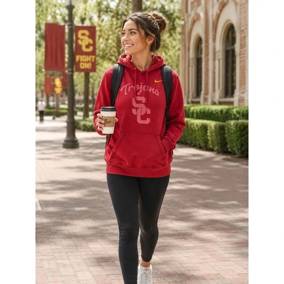 Nike USC Trojans Women Medium Red Pullover Hoodie Sweatshirt Graphic SC Logo