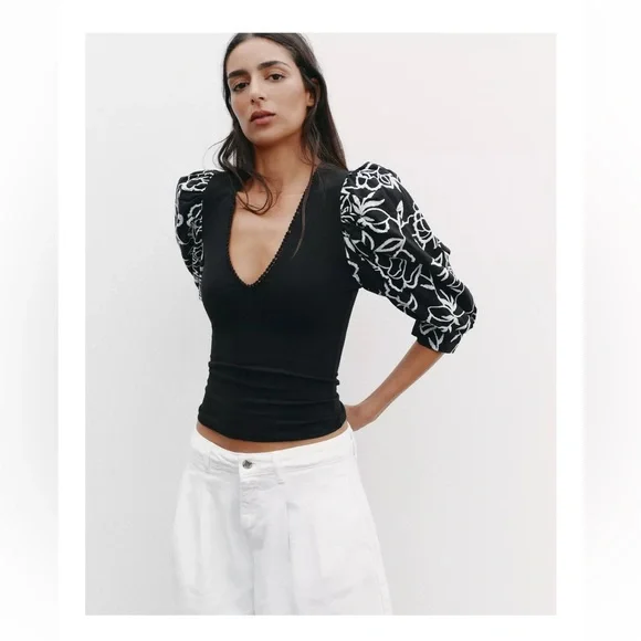 Elegant Black Puff Sleeve Embroidered Top