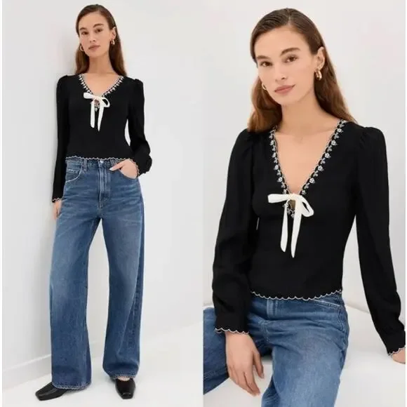 Reformation Vivia Embroidered Scallop Top Black Long Sleeve Tie Front