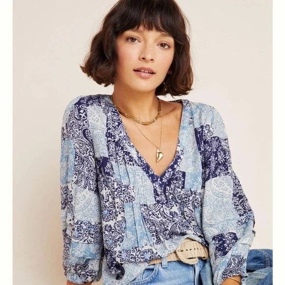 Maeve Cathy Pleated Blouse Size M‎ Blue Paisley Boho Puff Sleeve Hippie