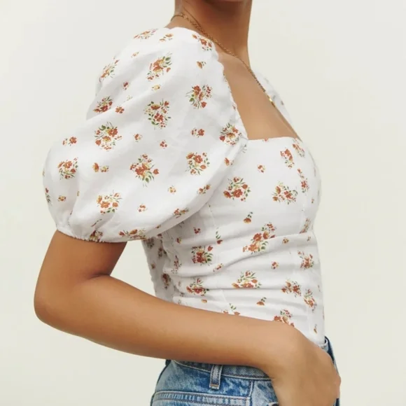 Reformation Romi White Floral Puff Sleeve Corset Linen Cottagecore Milkmaid Top