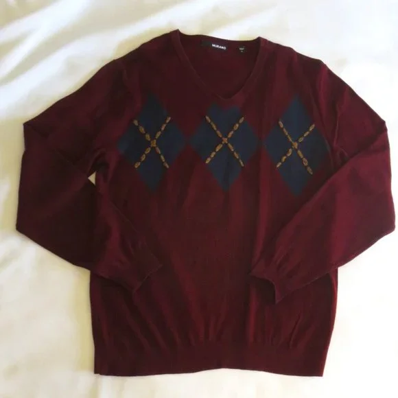 4/$14 SALE MURANO mens ARGYLE sweater V-NECK burgundy MARROON SIZE Large