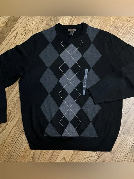 NWT Soft Fine Gauge Black/Gray Argyle Crew Neck Large Sweater Dockers Academia