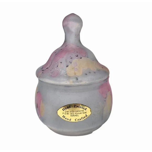 Vintage Hand Painted Israel Frosted Glass Apothecary Jar Candy Dish & Lid