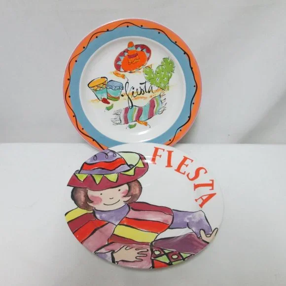R Table Fiesta ceramic salad dessert plate set 2 Mariachi Cactus Mexican Theme
