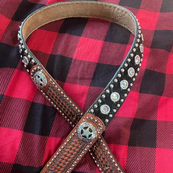 Ranger Belt Company Kids Western Star Rhinestone Cowhide Leather Belt Size 28‎