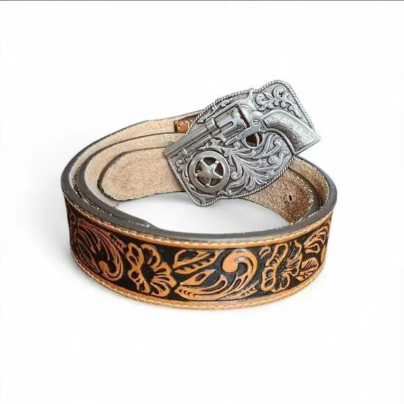 Justin Kids Lil' Trigger 3D Buckle Tooled Leather Belt Made in USA Size 28