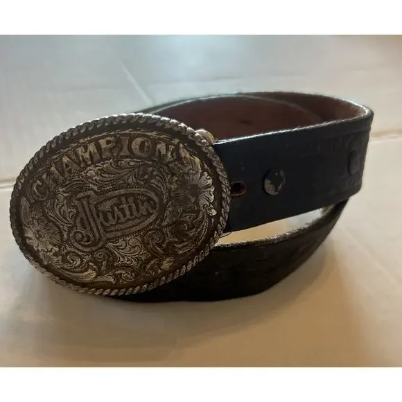 Justin Kids CHAMPION Silver‎ Buckle Sz 18-22” Black Leather Hand Tooled Belt USA