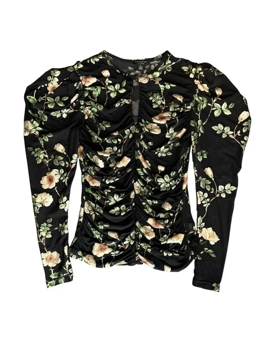 Black Floral Ruched Mesh Top Keyhole Puff Sleeve Romantic Cottagecore Feminine