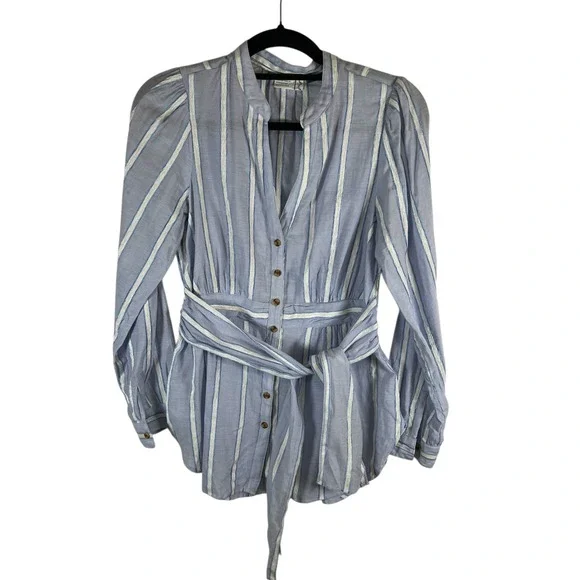 Anthropologie Building Blue White‎ Striped Tie Waist Button Down Blouse Top Sz 8