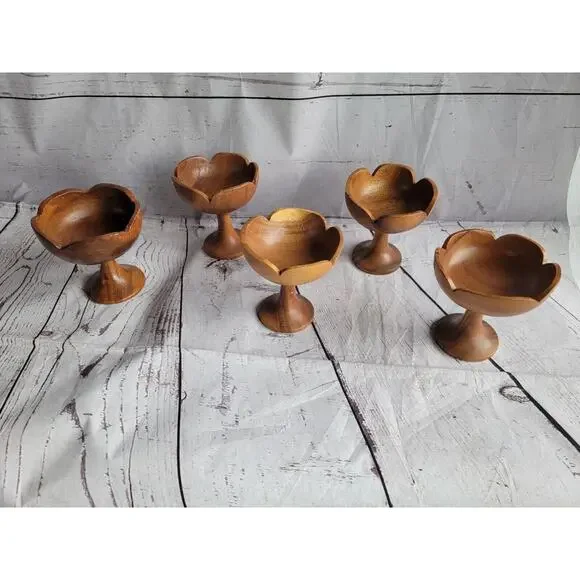 Set Of 5 Vintage Teakwood Pedestal Dessert Servers cups Boho Style Tropic Summer