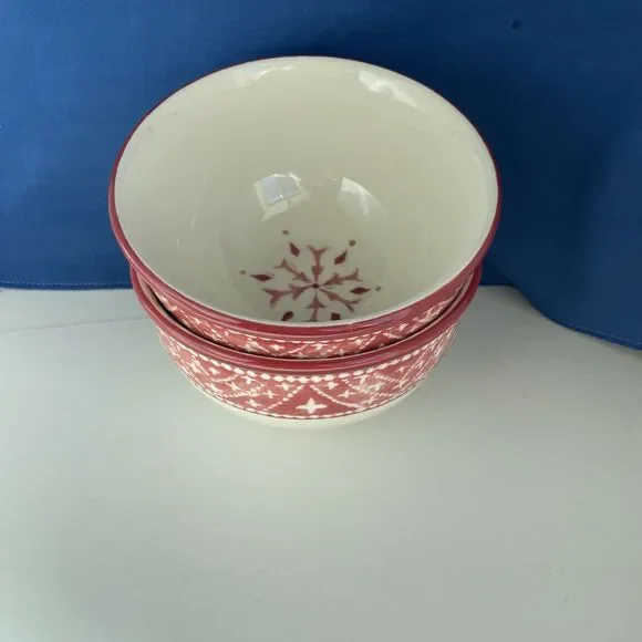 2 Dansk Nordic Knits cereal Bowls Red Ivory Stars Dots
