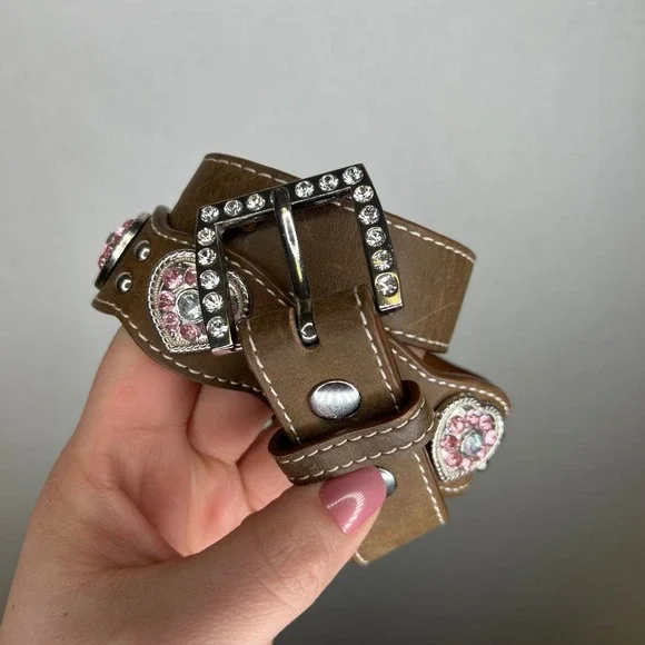Nocona‎ Kids Brown Leather Rhinestone Heart Conch Western Belt N4427044 Size 22