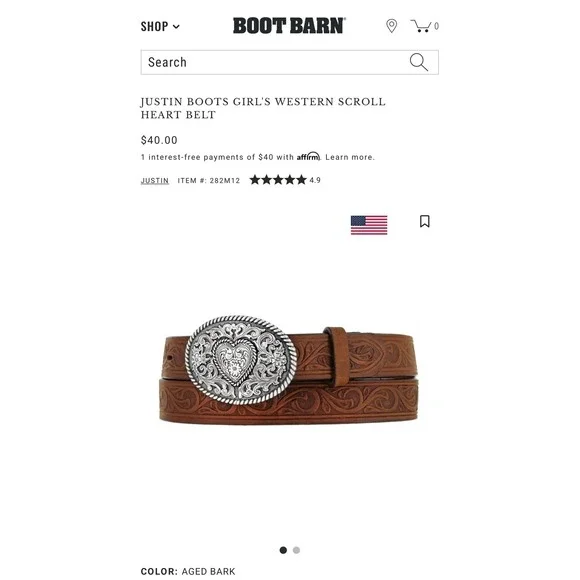 Justin Boots Girls Western Scroll Heart Leather Belt Aged Bark Brown 815BD 24