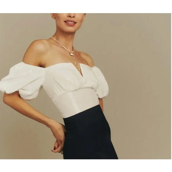 Reformation Amina Blouse Top Silk Velvet Puff Sleeve Top V-Neck Smocked Ivory