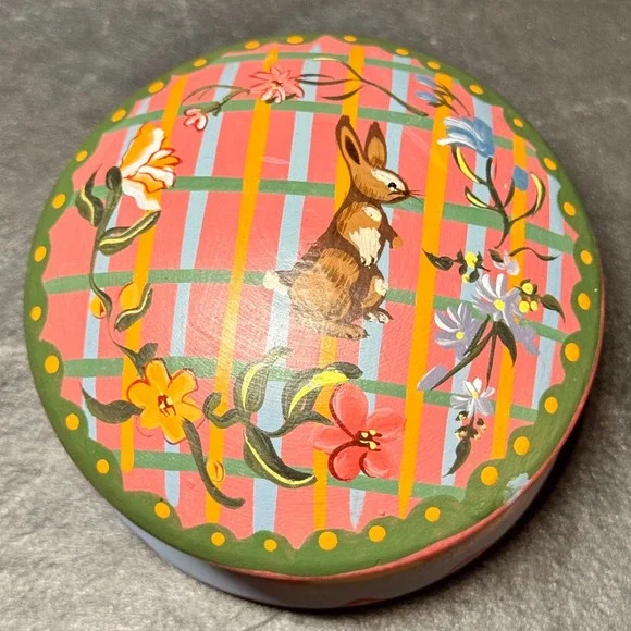 The Home Collection 1997 Wooden Trinket‎ Box Bunny Floral Round Cottage-Core
