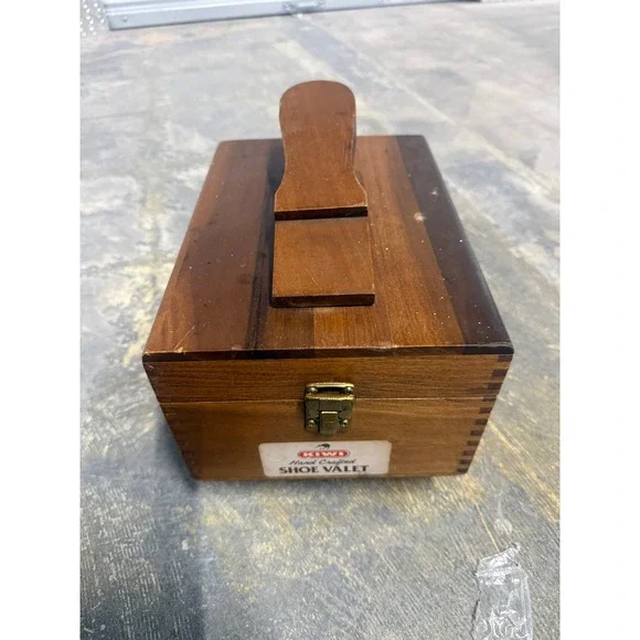 Vintage KIWI Hand Crafted Shoe Valet Wooden Shine Box Dovetail Footrest Caddy