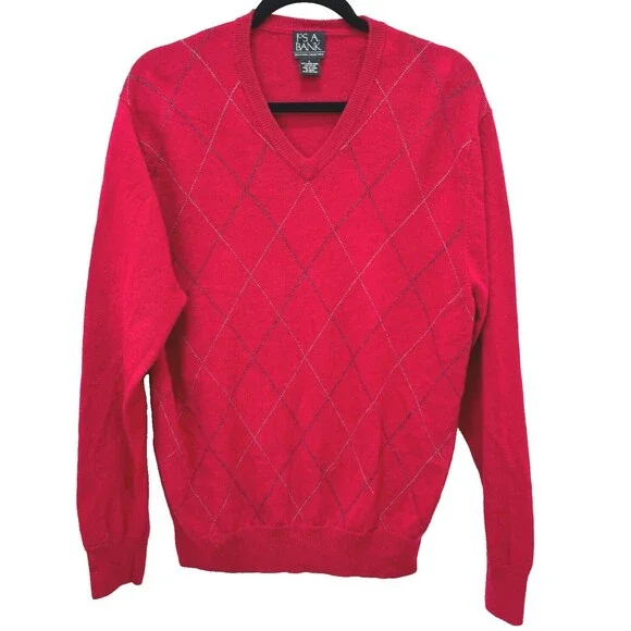 Jos A Bank Executive Lambs Wool Sweater Men L Red Argyle Preppy Old Money