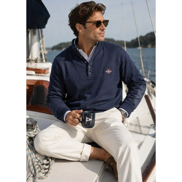 Mariner Navy Blue Sailing Henley Sweater Elbow Patches XL Retro 90s Yachting