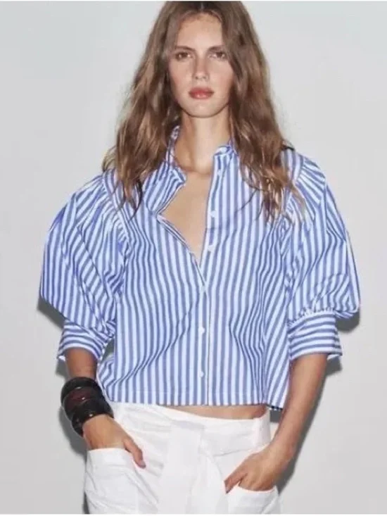 Zara Poplin Balloon Sleeve Shirt Blue and White Stripes XS NWT