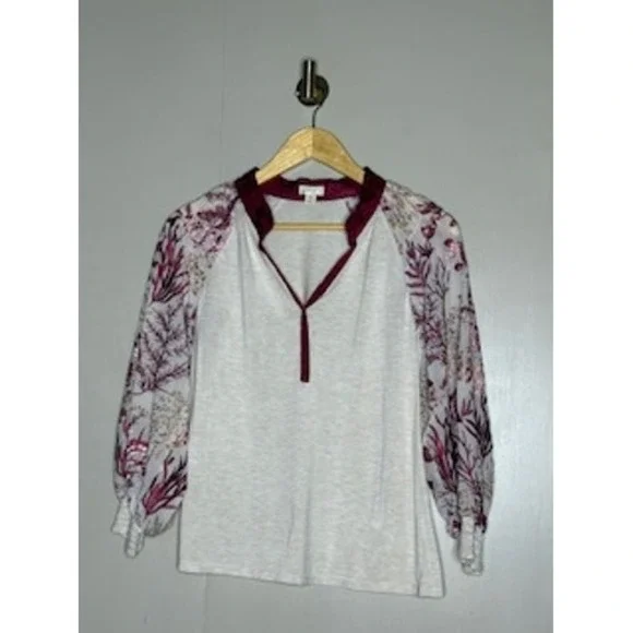 Anthropologie Mixed‎ Media Floral Raglan Top Burgundy Cream Gold Small