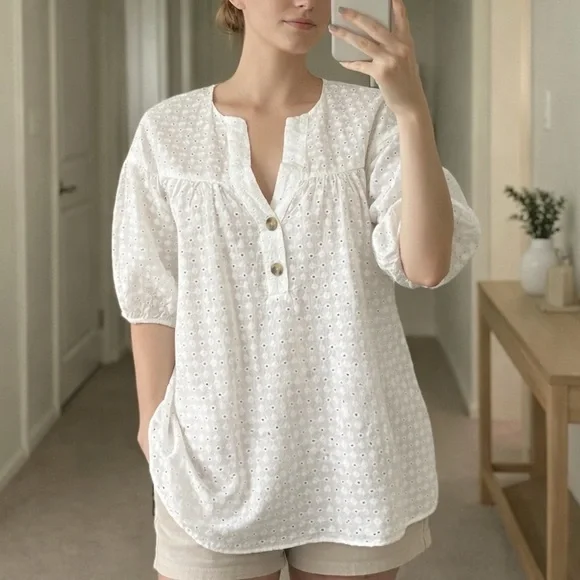 ZARA Blouse Small White Eyelet Cotton Puff Sleeve Embroidered Top Boho wb