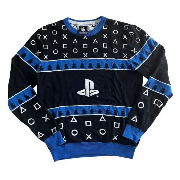 PlayStation Holiday Sweater Black Blue Gamer Ugly Christmas Jumper Men’s M