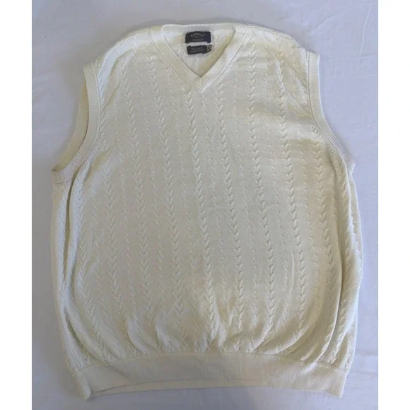 Callaway Golf Men's 100% Pima Cotton Cable Knit Ivory V-neck Sweater Vest XL