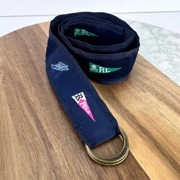 POLO Ralph Lauren Navy Fabric Belt Logo Pennants youth Unisex Size 5