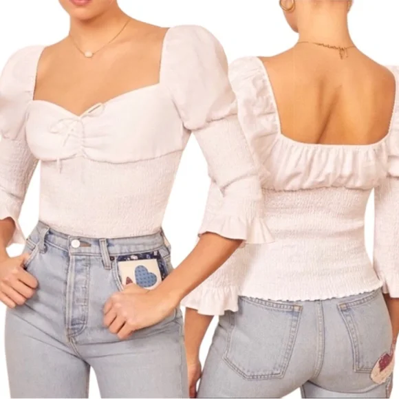 Reformation Haven White Smocked Linen Puff Sleeve Top Size M