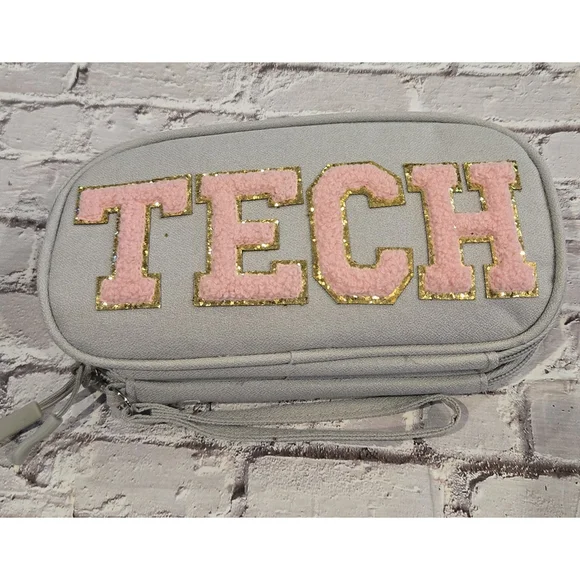 TECH Organizer Bag, Gray And Pink, Zipper Closures, Two Pockets, Wristlet Strap