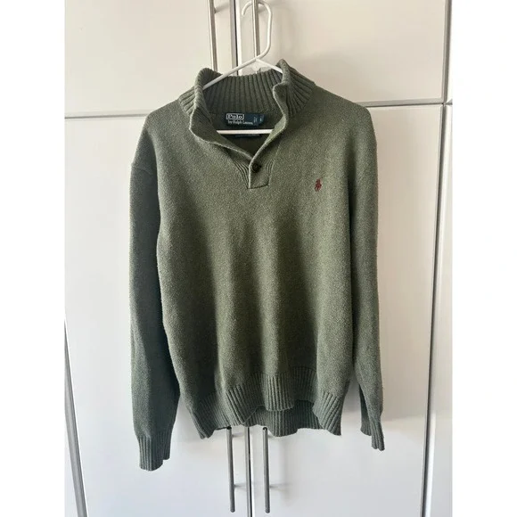 Polo Ralph Lauren Mens Green 100% Cotton Button Mock Neck Sweater Large