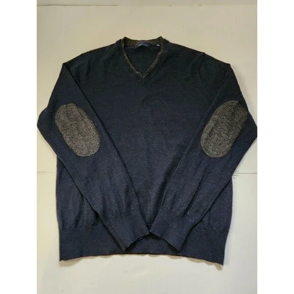 Toscano Sweater Mens Medium Navy Blue Merino Wool Blend V-neck Elbow Patches