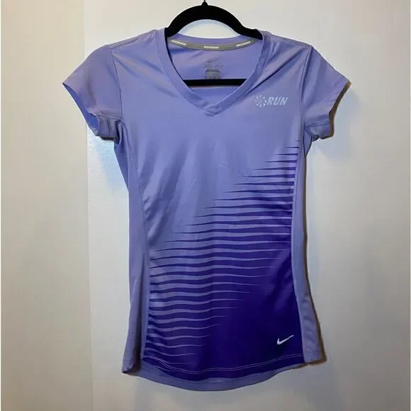 NIKE RUN Dri Fit V-Neck Short Sleeve Running Top Purple Women’s Size XS