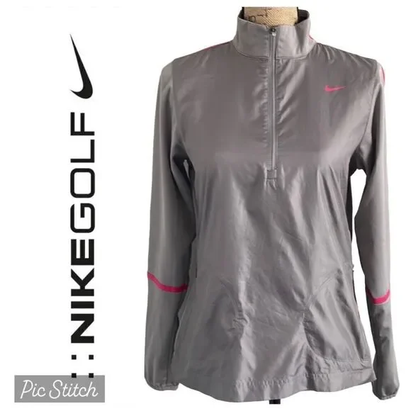 EUC Nike Golf Gray Pink Trim 1/2 Zip Mock Turtle Pullover Windbreaker - Size Sma