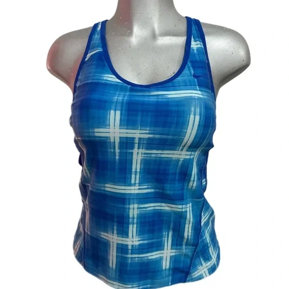 Nike Dri-FIT Athletic Gym Tank Top Stretch Blue/White Bra Shelf Lining Sz Medium