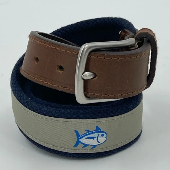 Southern Tide Boy’s 24 Skipjack Fish Belt Canvas & Leather Silver & Navy‎ Blue