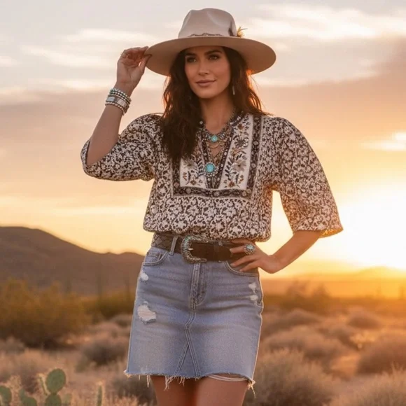 Anthropologie Puff Sleeve Lace‎ Boho Western peasant blouse size Small