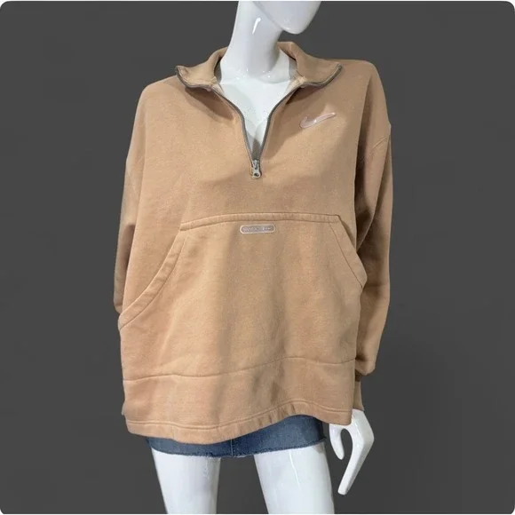 Nike Quarter Zip Pullover Beige Swoosh Sweatshirt Oversized‎ Women's L Neutral