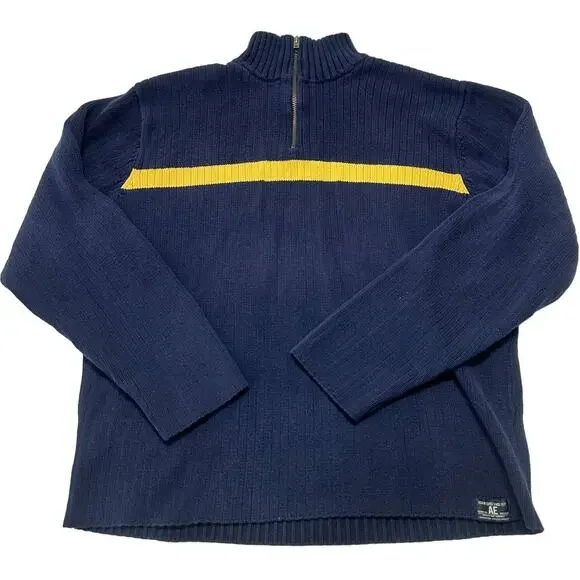 American Eagle Men Sweater XL Blue Yellow 1/4 Zip Pullover 100% Cotton Y2K Rugby
