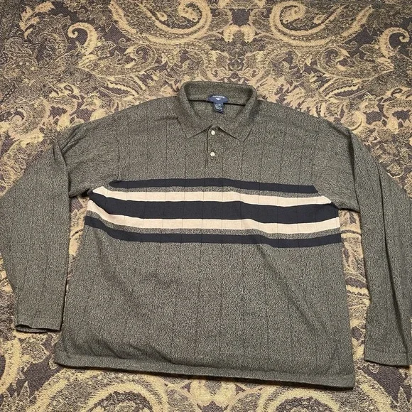 Vtg Dockers Men's Long Sleeve Polo Sweater Dark Green With Stripes Size XL