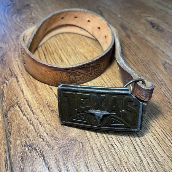 VTG 70s Bergamot Brass 1977 Texas Belt Buckle Kids Leather Engraved Tooled USA
