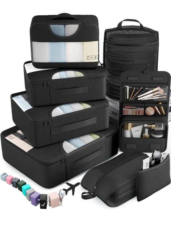 Travel Packing Cubes and Toiletry Bag Set - Black
