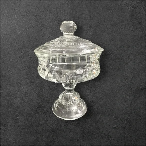 Vintage Indiana Glass Kings Crown Clear Thumbprint Pedestal Candy Dish With Lid