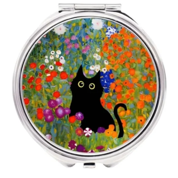 Colorful Floral Black Cat 3 Compartment Travel Pill Organizer Compact